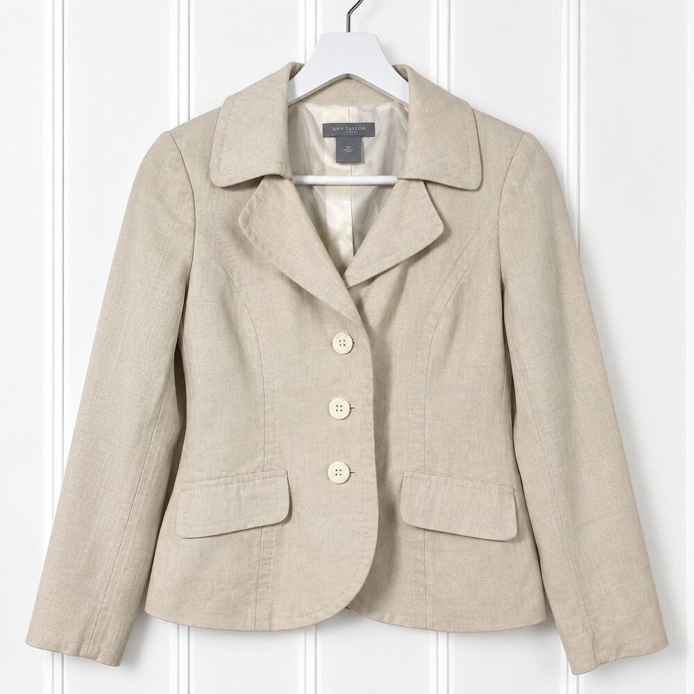 Ann Taylor Linen Blend Blazer Womens 4P Petite Beige 3 Button Lined Jacket